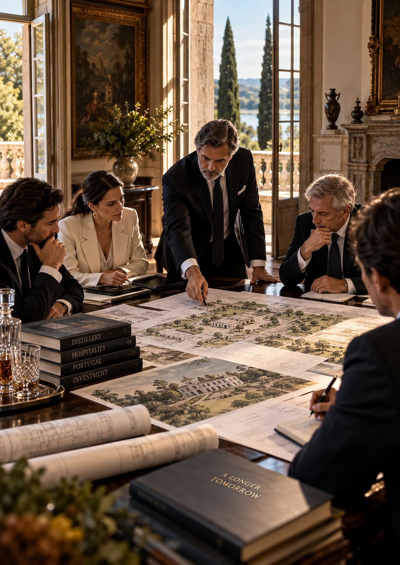 A group reviewing plans around a table
