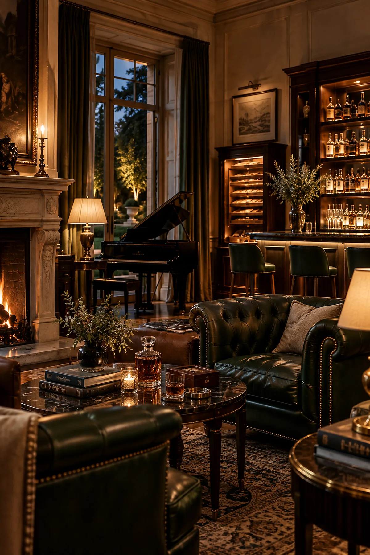 A warmly lit salon with seating and bookshelves