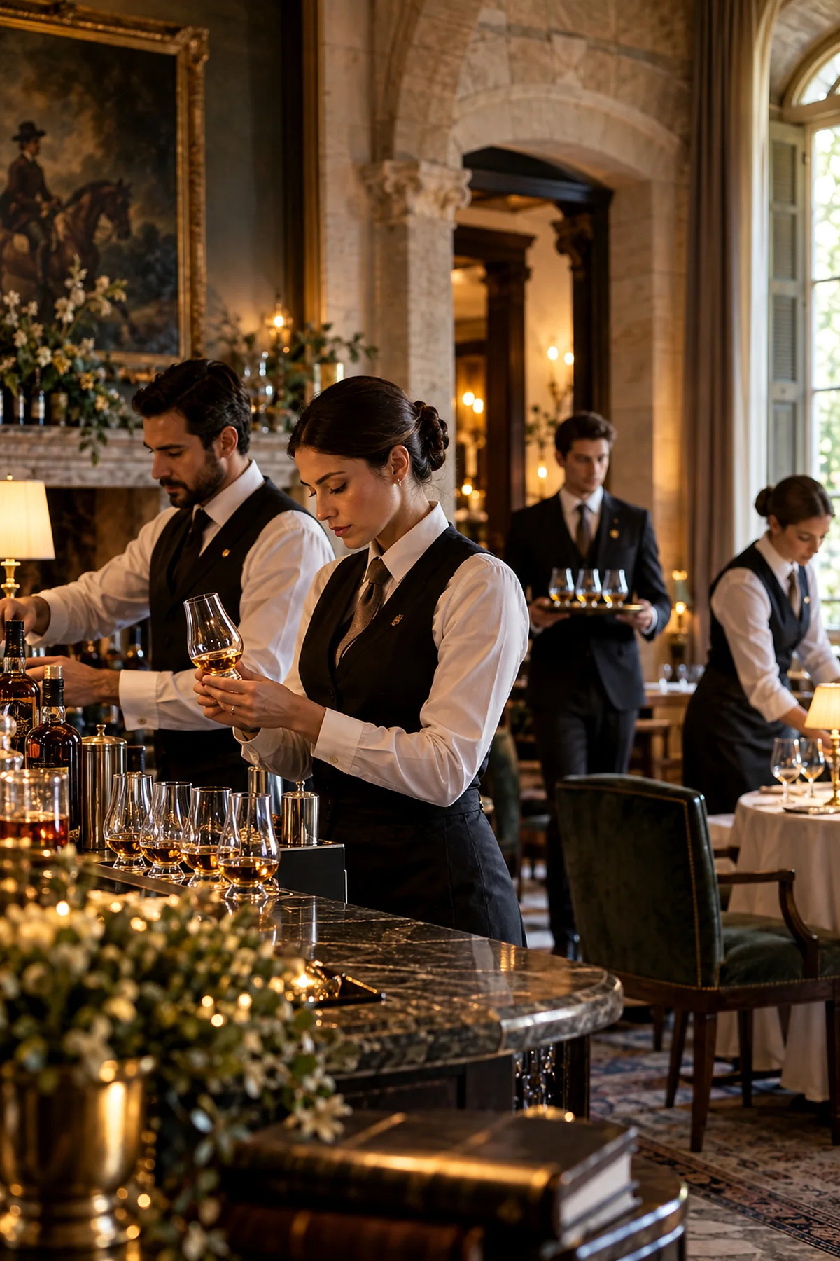 A bartender preparing a whisky tasting in a refined room