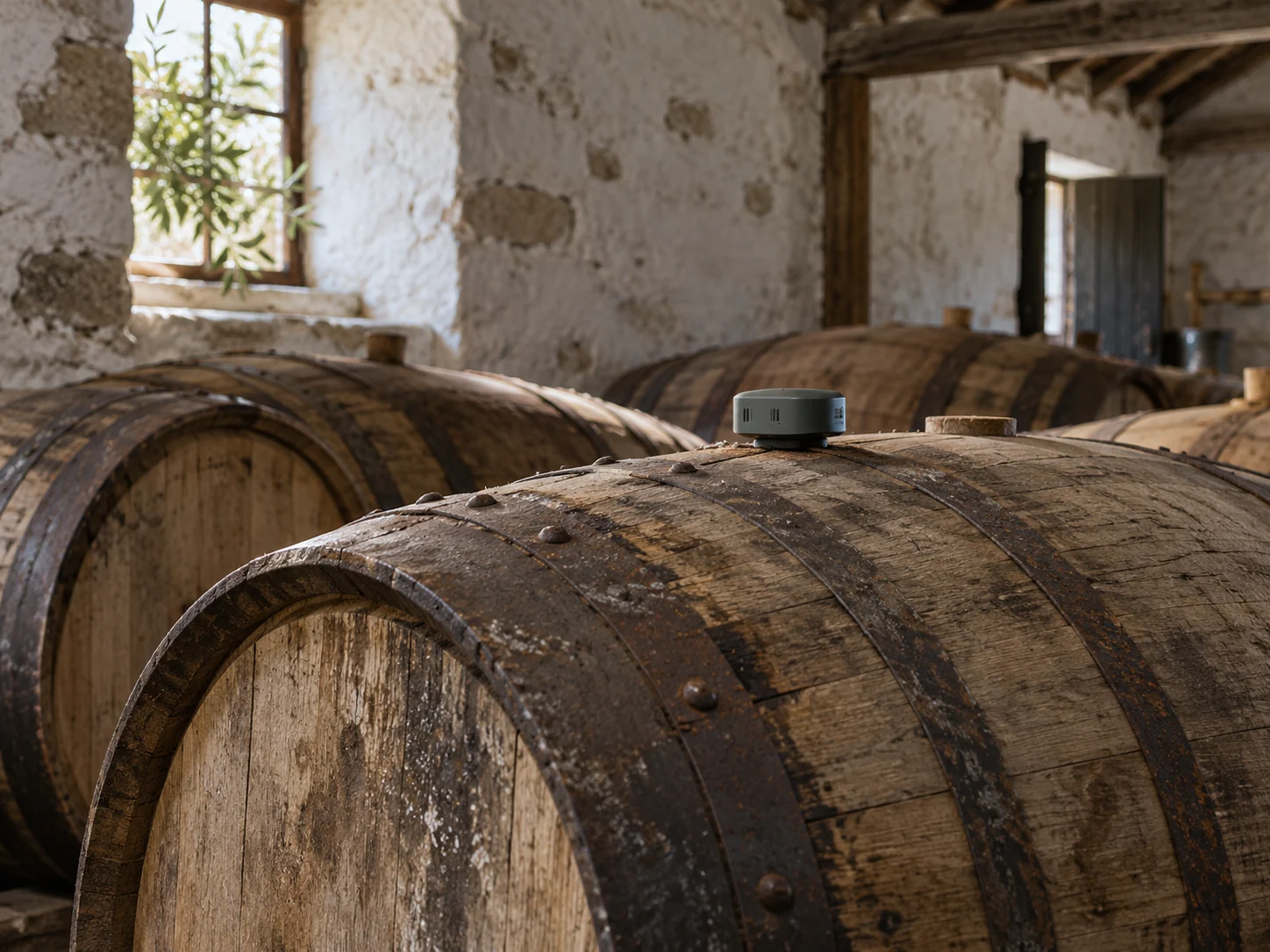 Oak casks and a discreet environmental logger in a maturation warehouse
